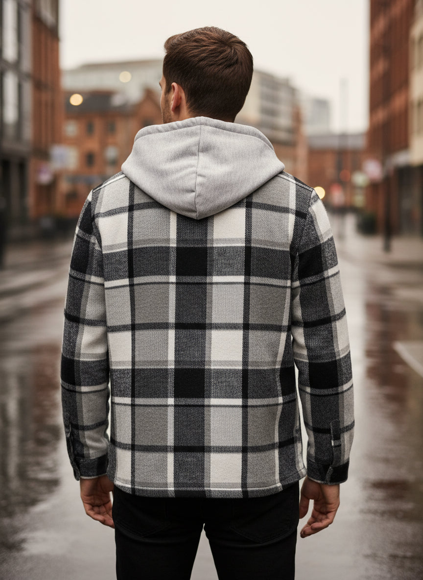 Men's Hooded Jacket | Casual Fit, Checked Cotton Blend