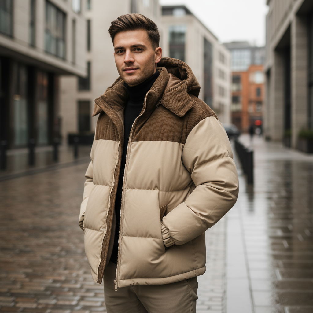 Men's Insulated Puffer Jacket with Corduroy Hood