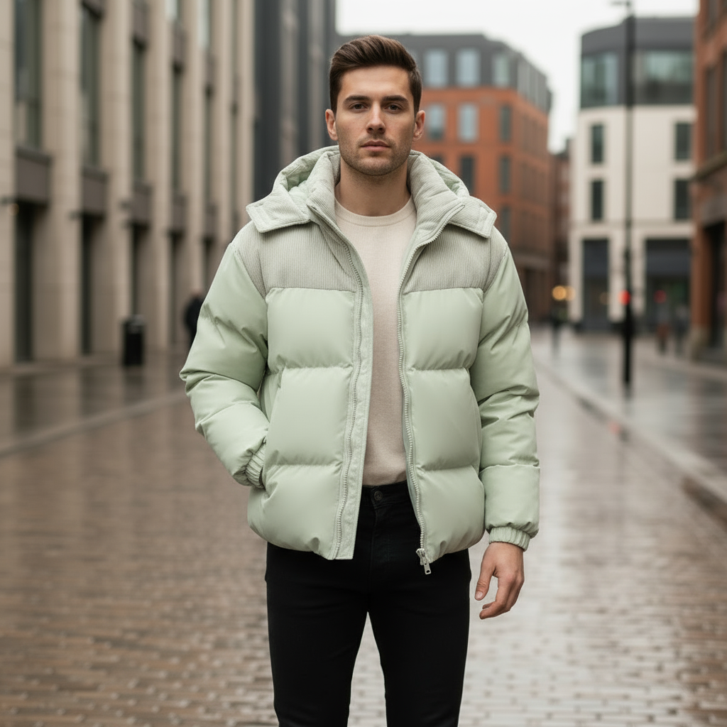 Men's Insulated Puffer Jacket with Corduroy Hood