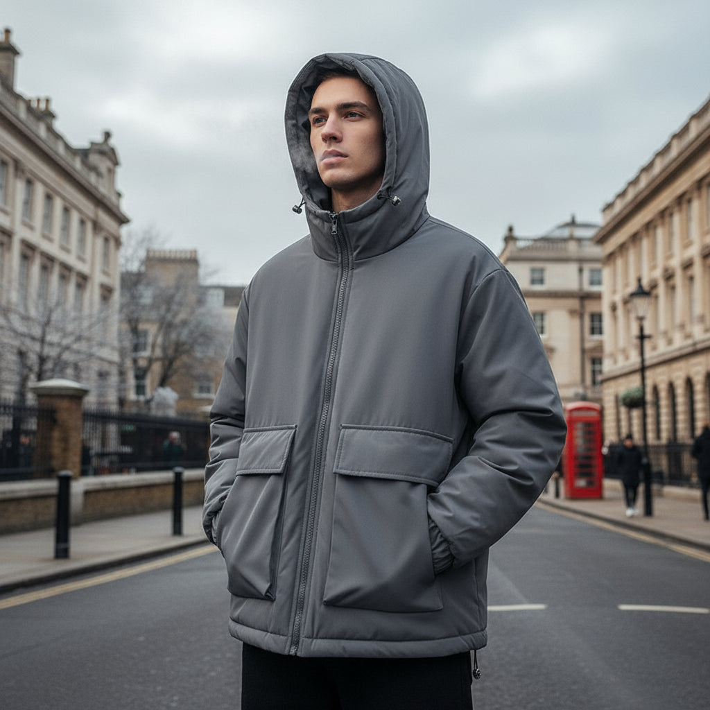 Men's Oversized Puffer Jacket | Hooded Design with Practical Front Pockets