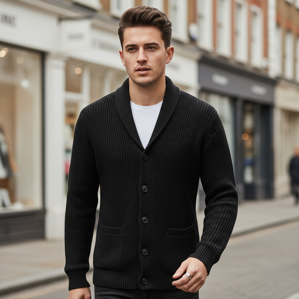 Men's Slim-Fit Cardigan | Soft Wool with Ribbed Accents