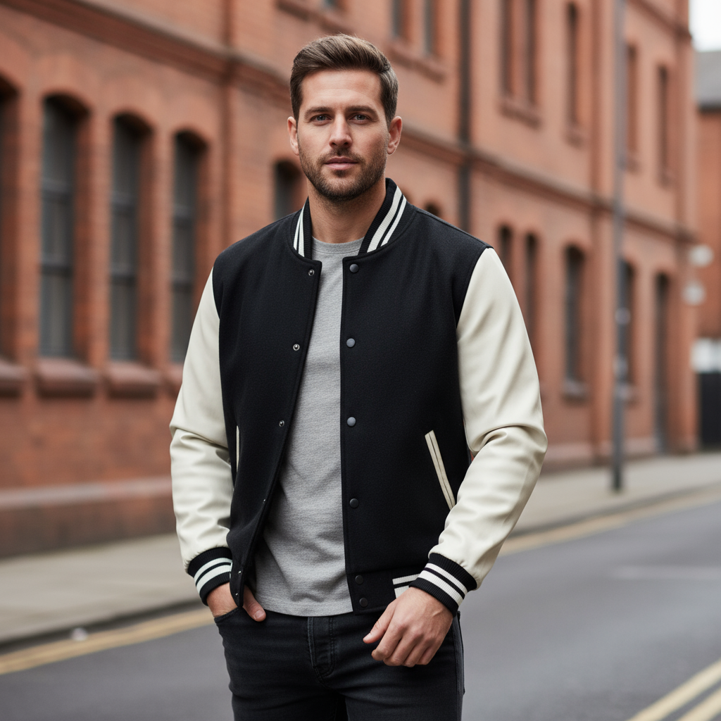 Men's Varsity Jacket | Tailored Fit with Wool Blend and Faux Leather Sleeves