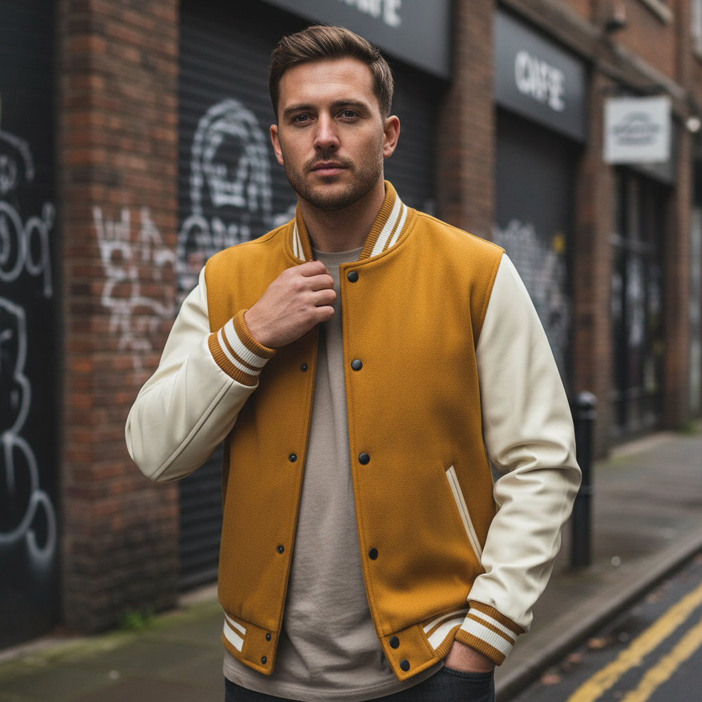Men's Varsity Jacket | Tailored Fit with Wool Blend and Faux Leather Sleeves