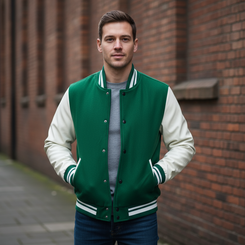 Men's Varsity Jacket | Tailored Fit with Wool Blend and Faux Leather Sleeves