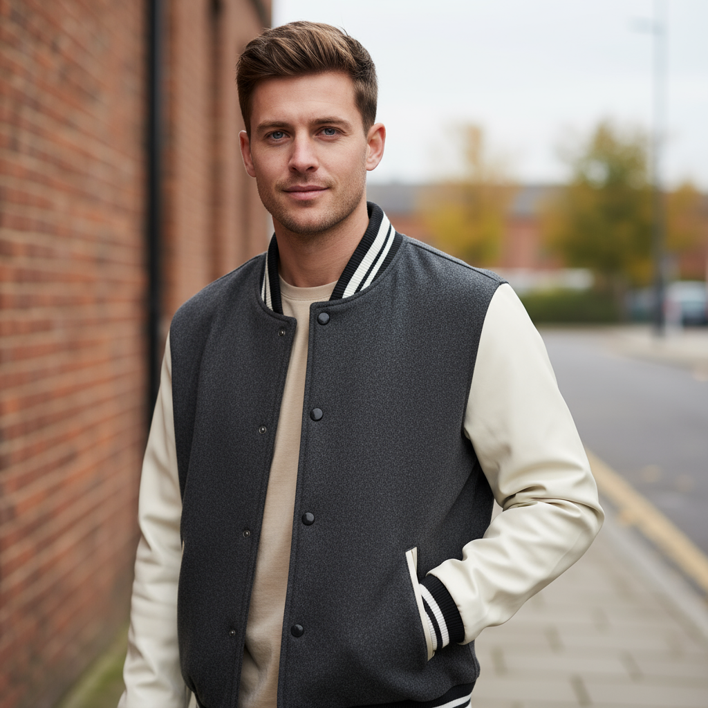 Men's Varsity Jacket | Tailored Fit with Wool Blend and Faux Leather Sleeves