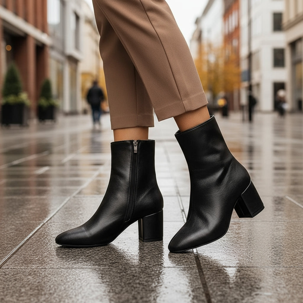 Women's Leather Ankle Boots | Elegant Block Heel Design
