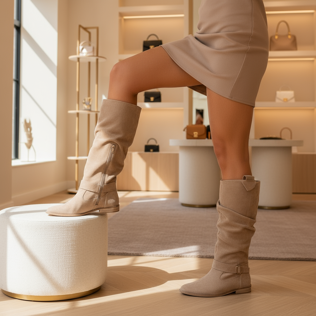 – Women's Suede Slouch Knee High Boots with Low Block Heel