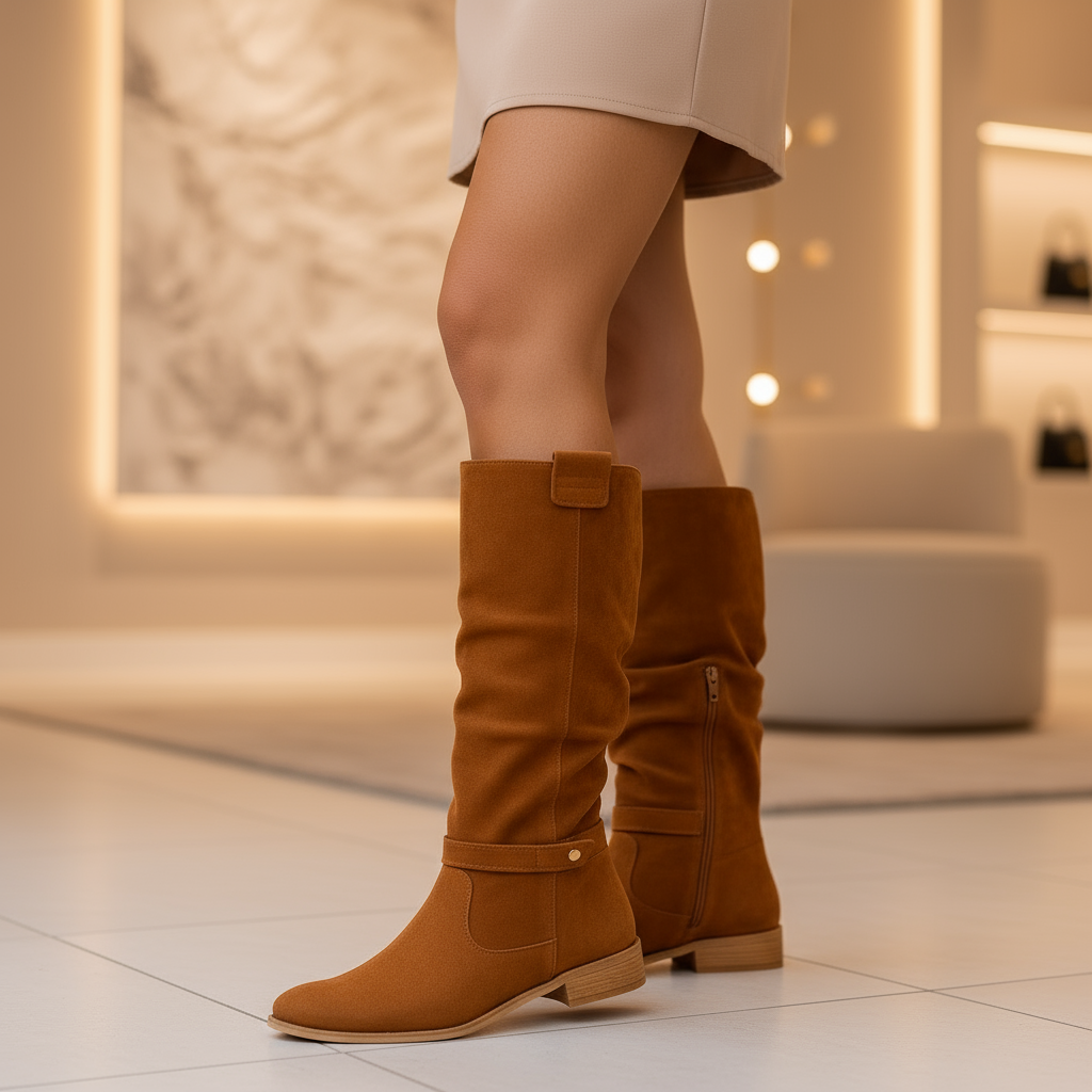 – Women's Suede Slouch Knee High Boots with Low Block Heel