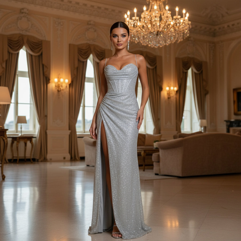 – Women's Sequined Corset Maxi Dress with High Slit