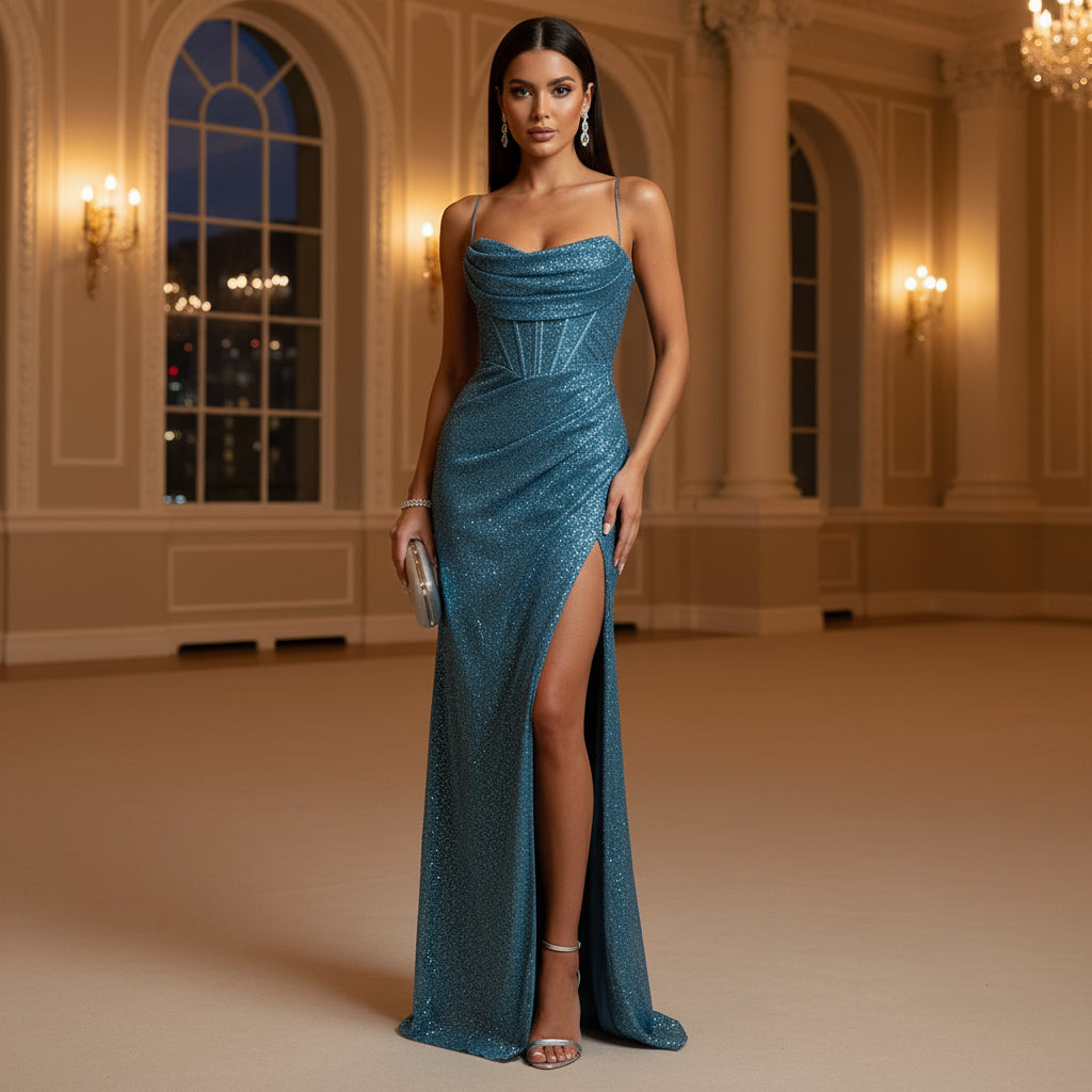 – Women's Sequined Corset Maxi Dress with High Slit