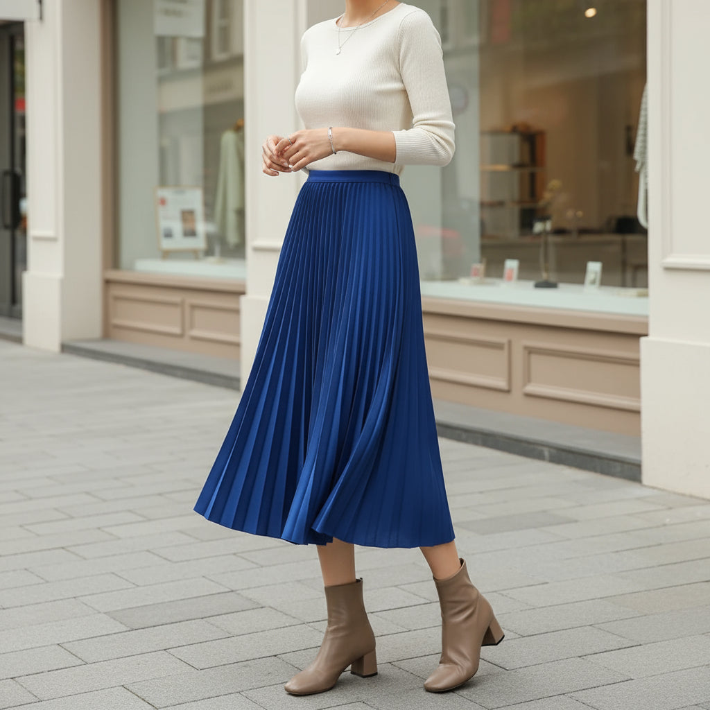 Women's Pleated A-Line Midi Skirt | Comfortable Elastic Waist