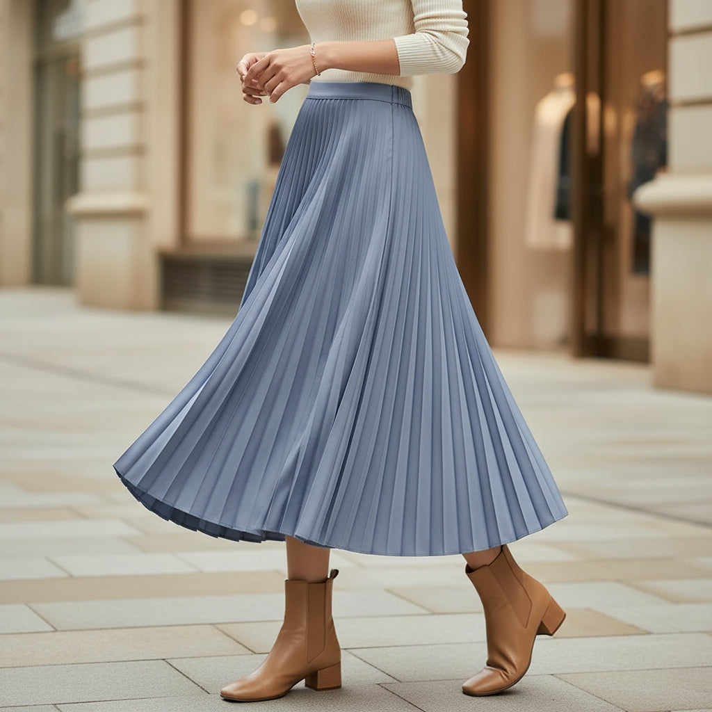 Women's Pleated A-Line Midi Skirt | Comfortable Elastic Waist